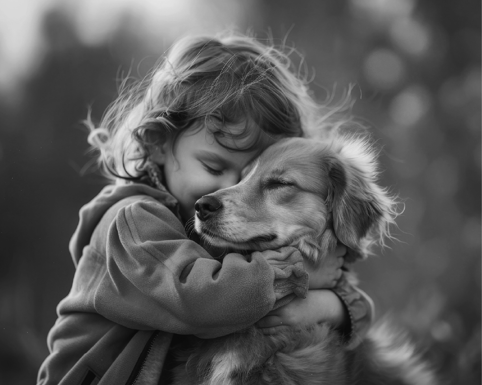 Una bambina abbraccia amorevolmente il suo cane dorato in un tenero abbraccio all'aperto, simbolo dell'affetto incondizionato tra bambini e i loro amici animali.