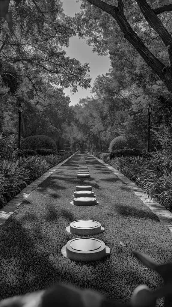 Un sentiero centrale pavimentato con pietre rettangolari, affiancato da tombe circolari basse disposte in modo ordinato. Intorno, vegetazione rigogliosa e alberi dalle chiome folte che creano un ambiente di pace e contemplazione. La prospettiva allungata del sentiero guida lo sguardo verso il punto focale all'orizzonte, enfatizzando l'atmosfera solenne.