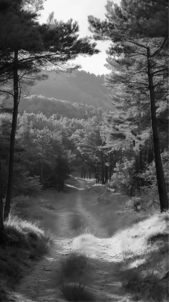 Un lungo sentiero sterrato che attraversa un bosco di conifere. Gli alberi, con le loro alte chiome, si stagliano contro un cielo limpido e le ombre giocano sulla strada, creando un ambiente quieto e contemplativo.