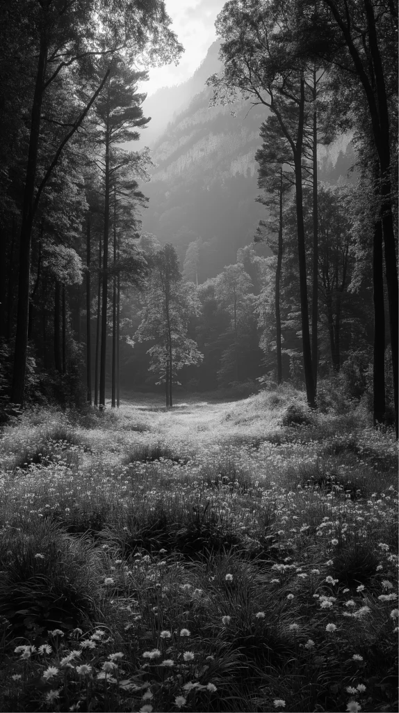 Una radura circondata da alti alberi con un prato di fiori selvatici. La luce morbida filtra tra le fronde, illuminando la radura e creando un'atmosfera serena e contemplativa. Il contrasto tra le montagne sullo sfondo e la luce soffusa enfatizza la sensazione di tranquillità e isolamento.