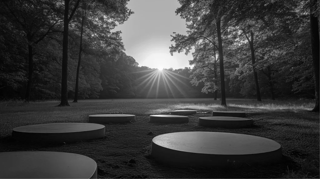 Una radura erbosa nel bosco con una serie di lapidi circolari posizionate sul terreno. La luce del sole al tramonto filtra tra gli alberi, proiettando lunghe ombre e conferendo un senso di pace e riflessione, ideale per un luogo di memoria e rispetto.